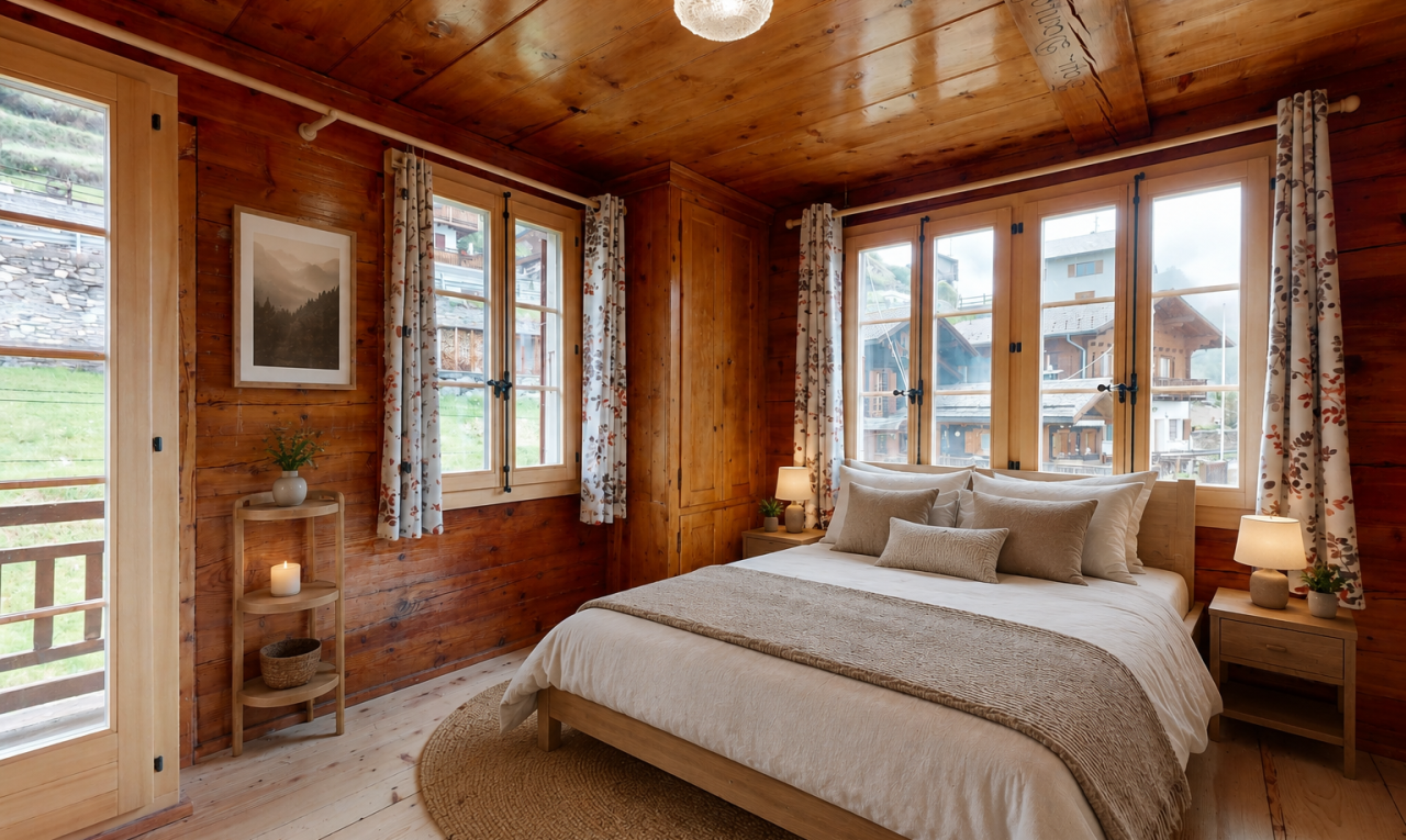 chambre avec wood ceiling, plafond en bois, wood wall, mur en bois, et inside property