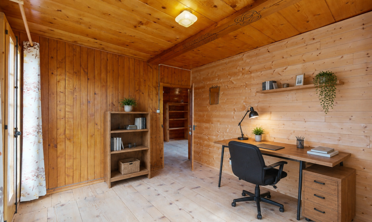 bureau avec wood finish floor, sol en finition bois, beamed ceiling, plafond à poutres, et hardwood floor