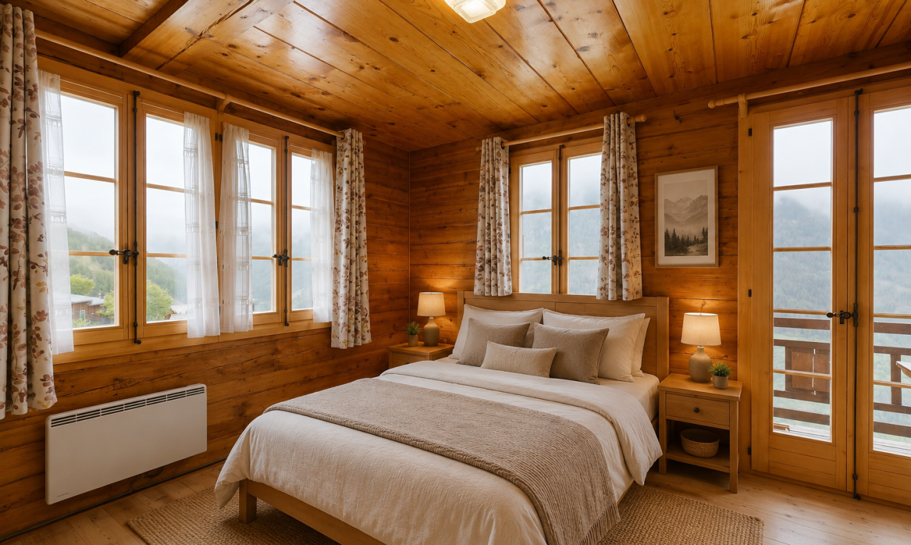 chambre avec portes-fenêtres, plafond en bois, wood ceiling, sol en finition bois, et wood finish floor