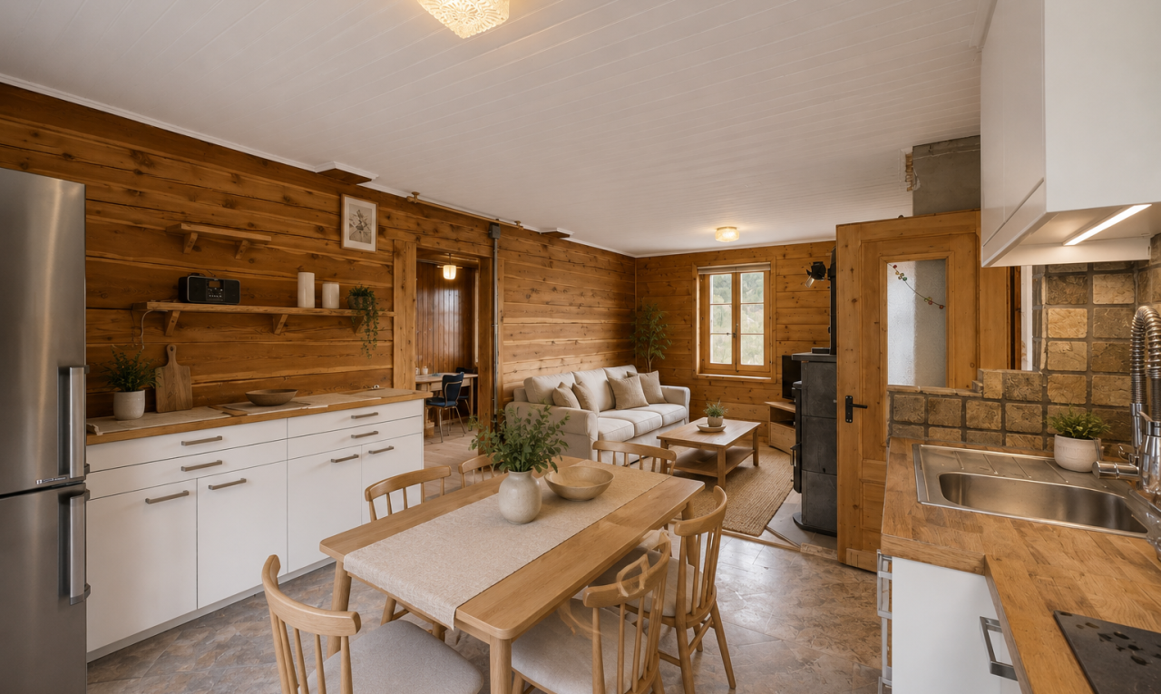 cuisine avec armoires blanches, white cabinets, réfrigérateur, plans de travail en bois de boucher, et butcher block countertops