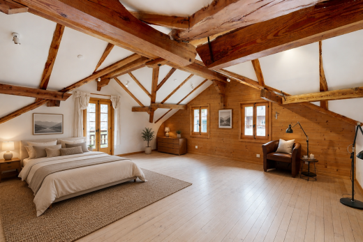 chambre avec plafond à poutres, beamed ceiling, mur en bois, wood wall, et inside property