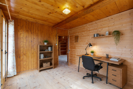 bureau avec wood finish floor, sol en finition bois, beamed ceiling, plafond à poutres, et hardwood floor