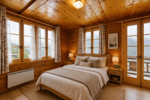 chambre avec portes-fenêtres, plafond en bois, wood ceiling, sol en finition bois, et wood finish floor