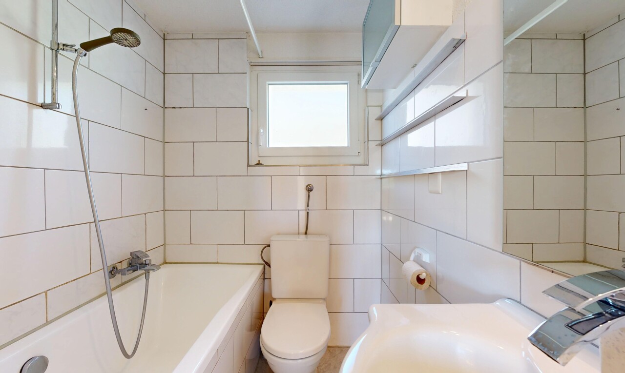 bad mit toilette, spiegel, komplettes badezimmer, tile wall, und fliesenwand