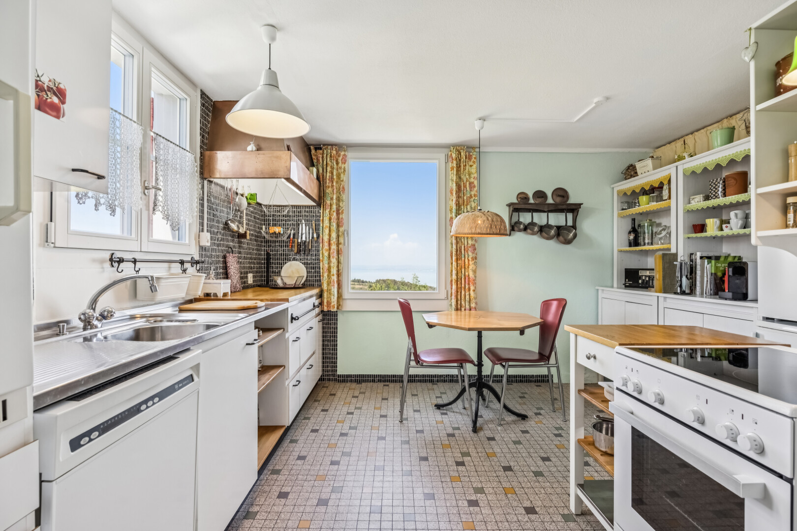 küche mit open shelves, offene regale, herd, light countertops, und geschirrspülmaschine