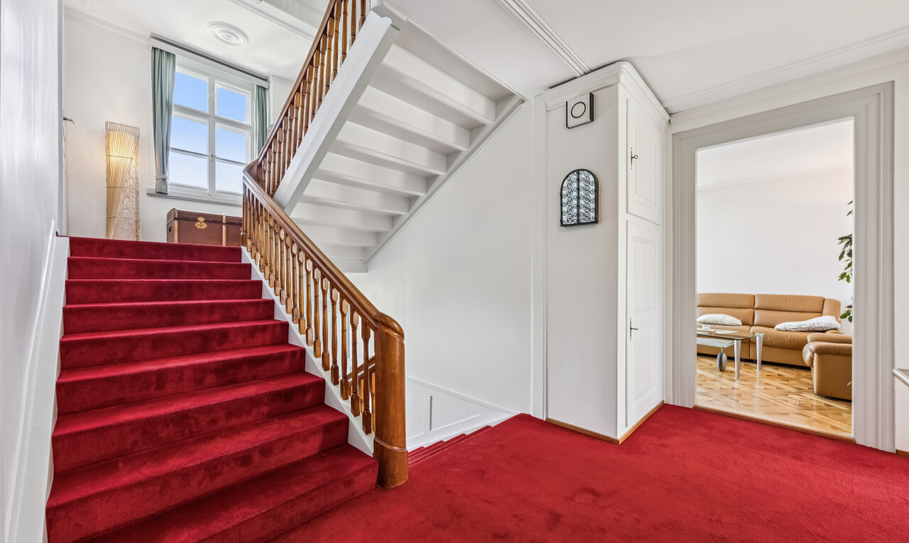 treppe mit treppen, drywall, gipskartonwand, carpet stairs, und day time