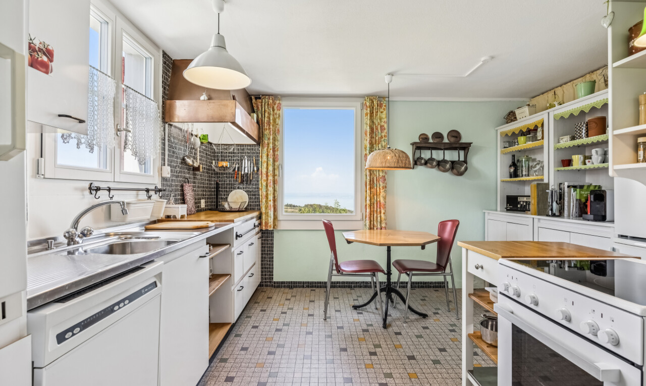 küche mit open shelves, offene regale, herd, light countertops, und geschirrspülmaschine