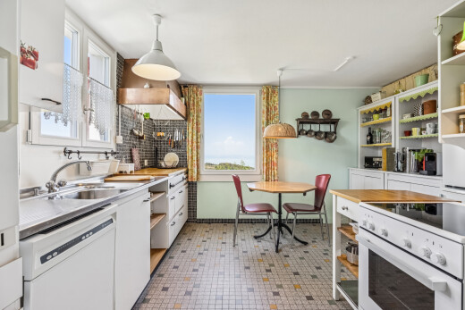 küche mit open shelves, offene regale, herd, light countertops, und geschirrspülmaschine