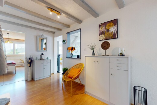 küche mit natural light, natürliches licht, beamed ceiling, balkendecke, und inside property