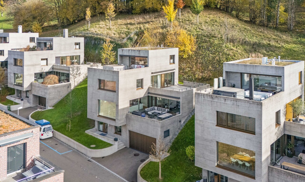 außenansicht mit garage, aerial view, und auffahrt