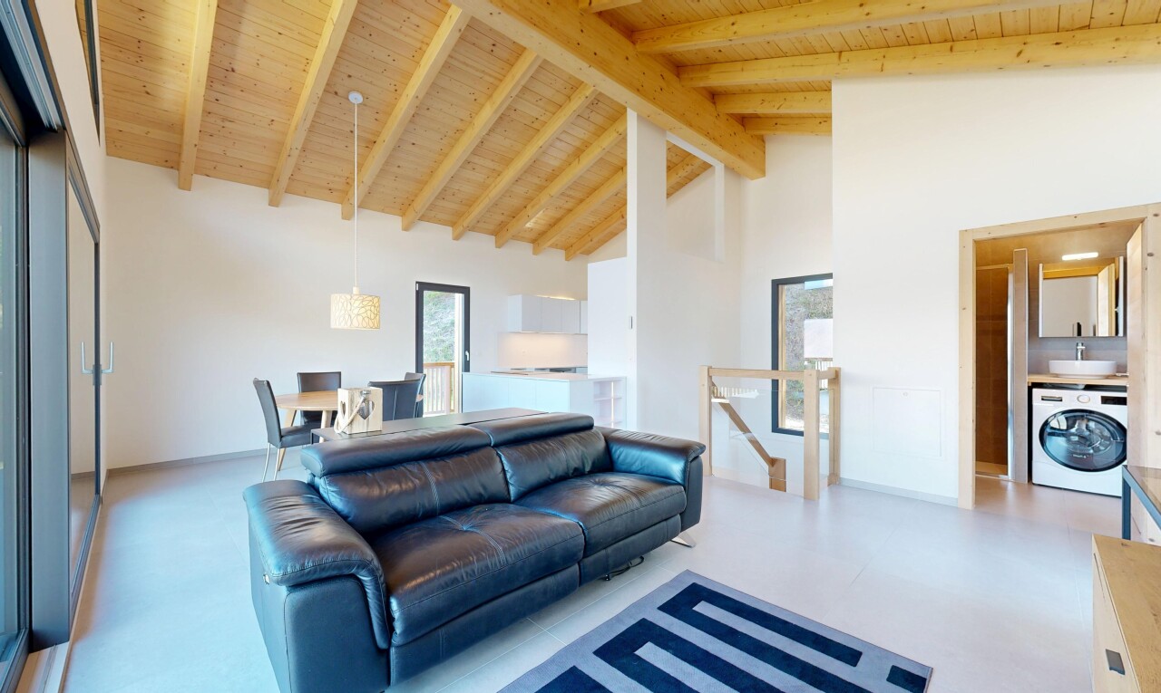 wohnzimmer mit hohe decke, high ceiling, inside property, tumbler, und holzdecke