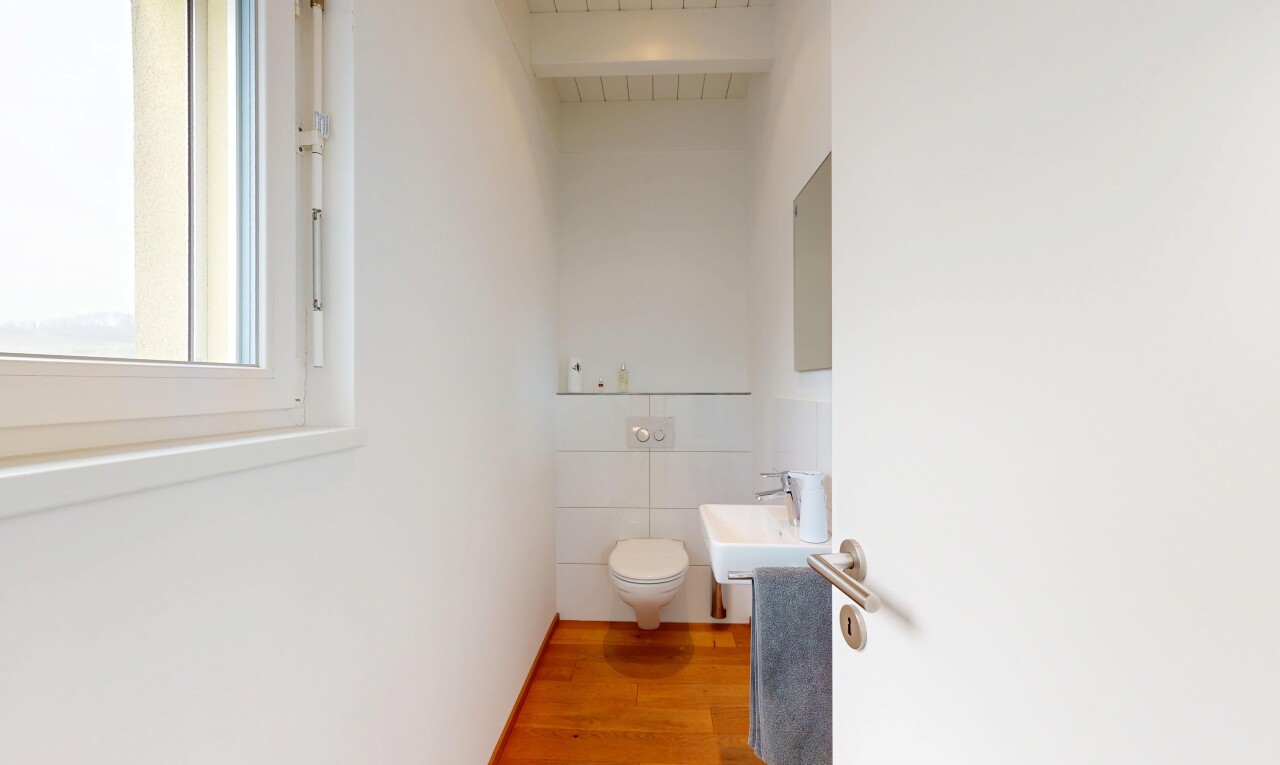 salle de bains avec lumière naturelle, miroir, sol en finition bois, et toilette