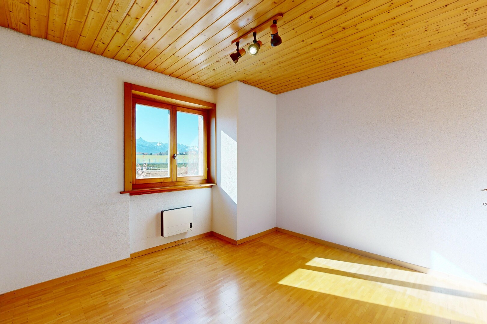 pièce vide avec lumière naturelle, natural light, day time, sol en finition bois, et wood finish floor