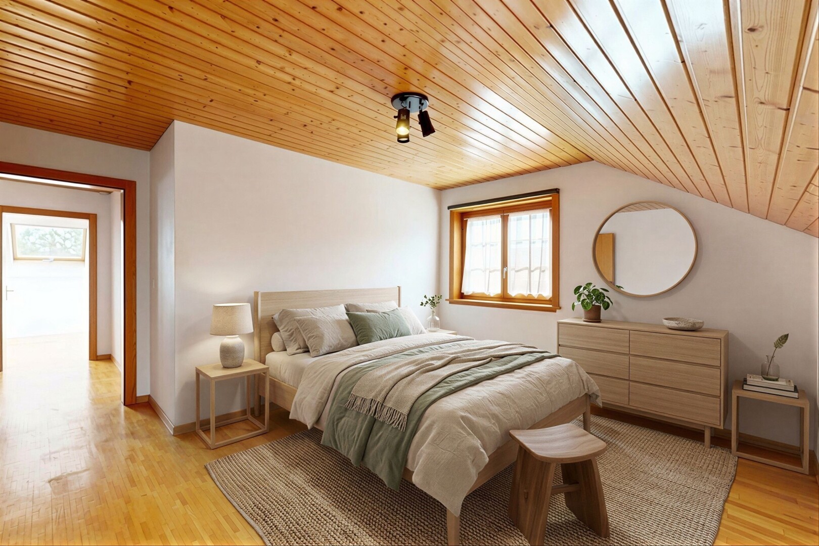 chambre avec wood ceiling, plafond en bois, vaulted ceiling, plafond voûté, et inside property