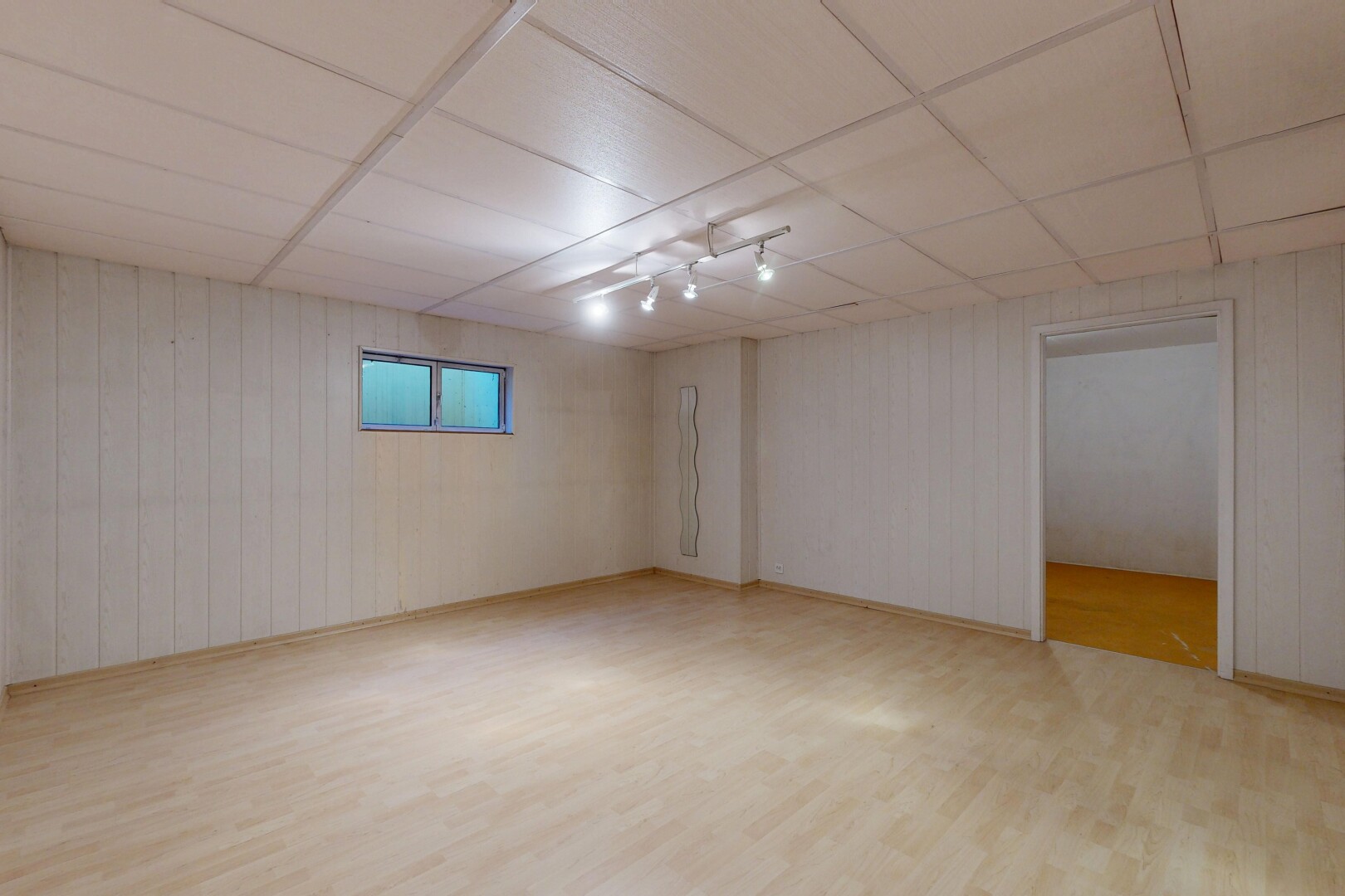 pièce vide avec sol en finition bois, wood finish floor, plafond suspendu, drop ceiling, et sous-sol