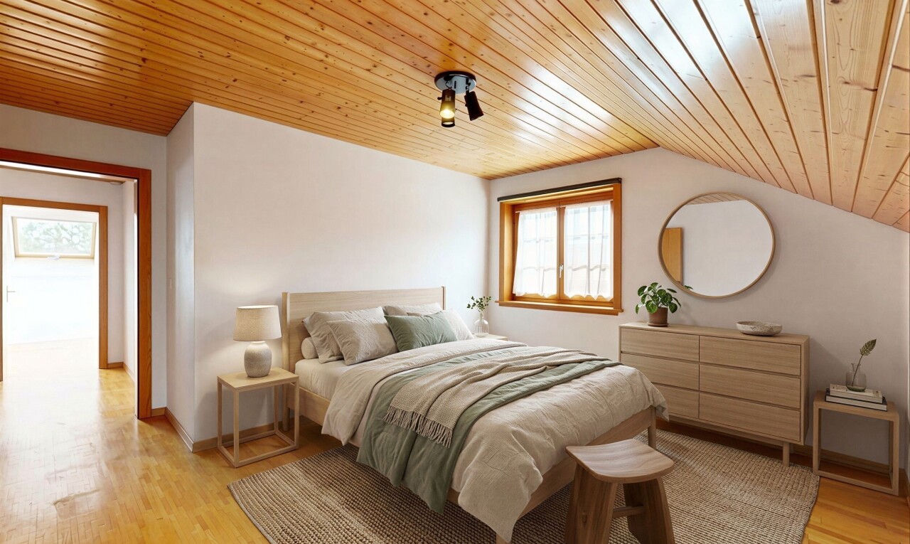 chambre avec wood ceiling, plafond en bois, vaulted ceiling, plafond voûté, et inside property