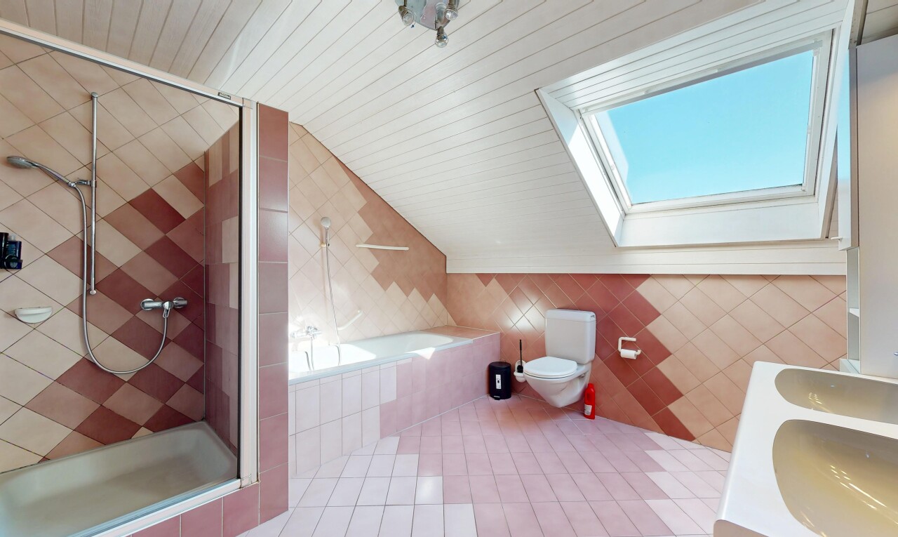 salle de bains avec douche, salle de bain complète, plafond voûté, vaulted ceiling, et bain