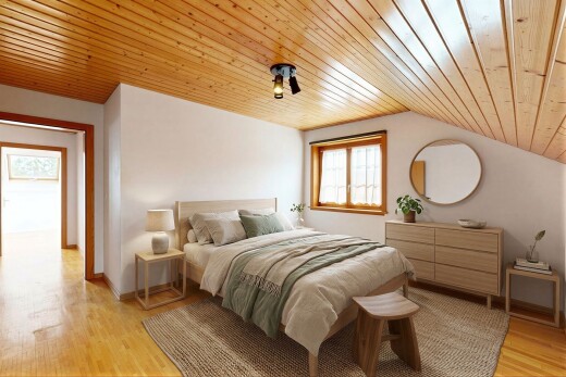chambre avec wood ceiling, plafond en bois, vaulted ceiling, plafond voûté, et inside property