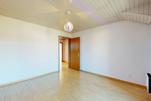 pièce vide avec sol en finition bois, wood finish floor, inside property, plafond voûté, et vaulted ceiling