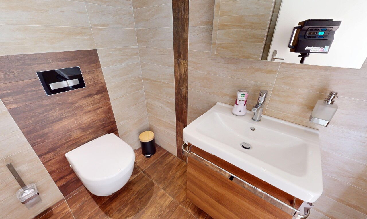 salle de bains avec évier, dosseret, mur en carrelage, toilette, et miroir