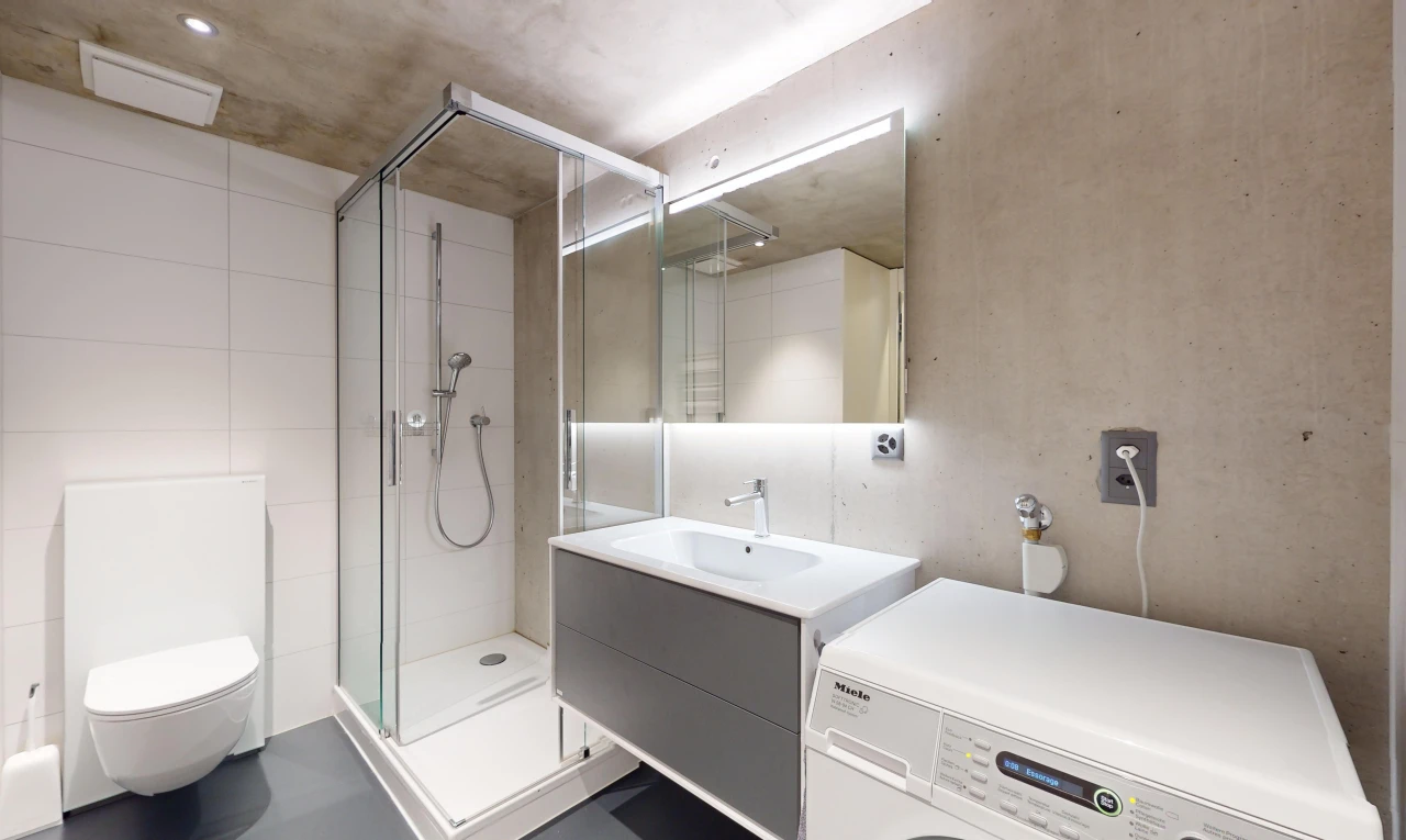 salle de bains avec toilettes, machine à laver / sèche-linge, douche, et meuble-lavabo
