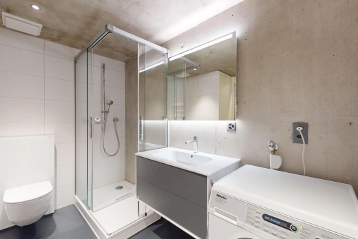 salle de bains avec toilettes, machine à laver / sèche-linge, douche, et meuble-lavabo