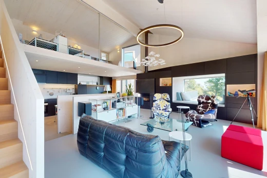 salon avec haut plafond, sol en béton, plafond voûté, et lumière naturelle