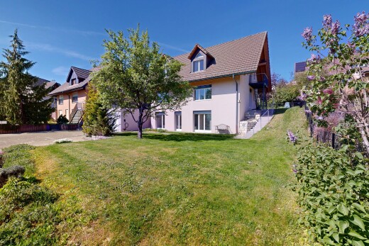 façade avec pelouse, property visible, bardage en stuc, toit mansardé, et day time