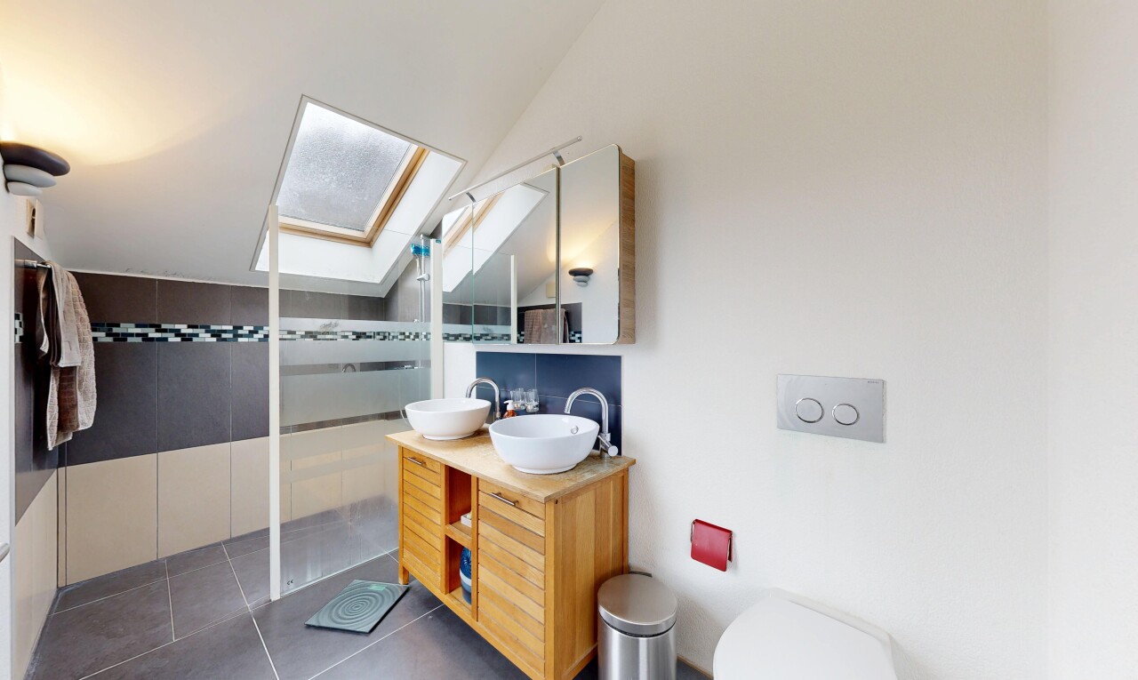 salle de bains avec douche, salle de bain complète, miroir, double vasque, et puits de lumière