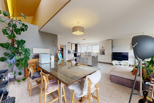 salon / salle à manger avec télévision, full kitchen, inside property, light floor, et cloison sèche