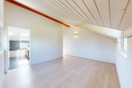 pièce vide avec plafond voûté, vaulted ceiling, plafond en bois, wood ceiling, et cloison sèche