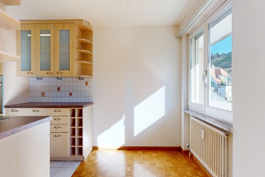 cuisine avec étagères ouvertes, open shelves, light floor, radiateur, et inside property
