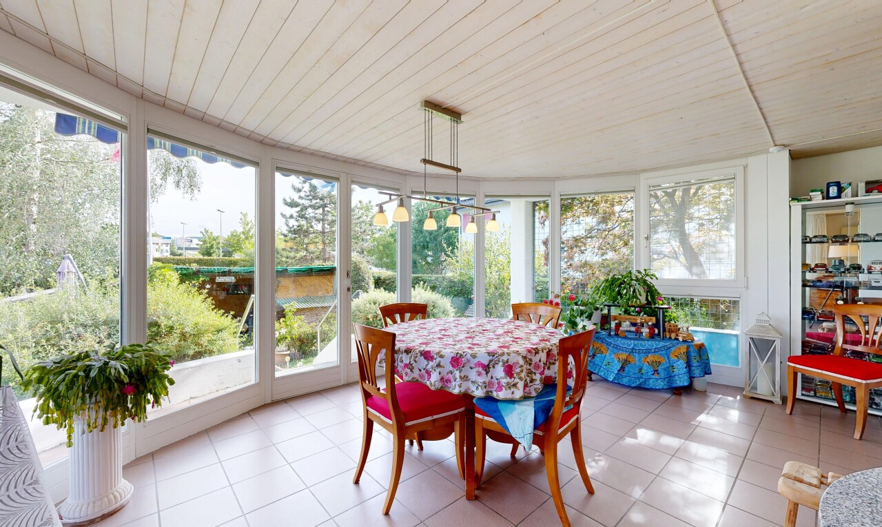 esszimmer mit wintergarten, holzdecke, wood ceiling, natürliches licht, und natural light
