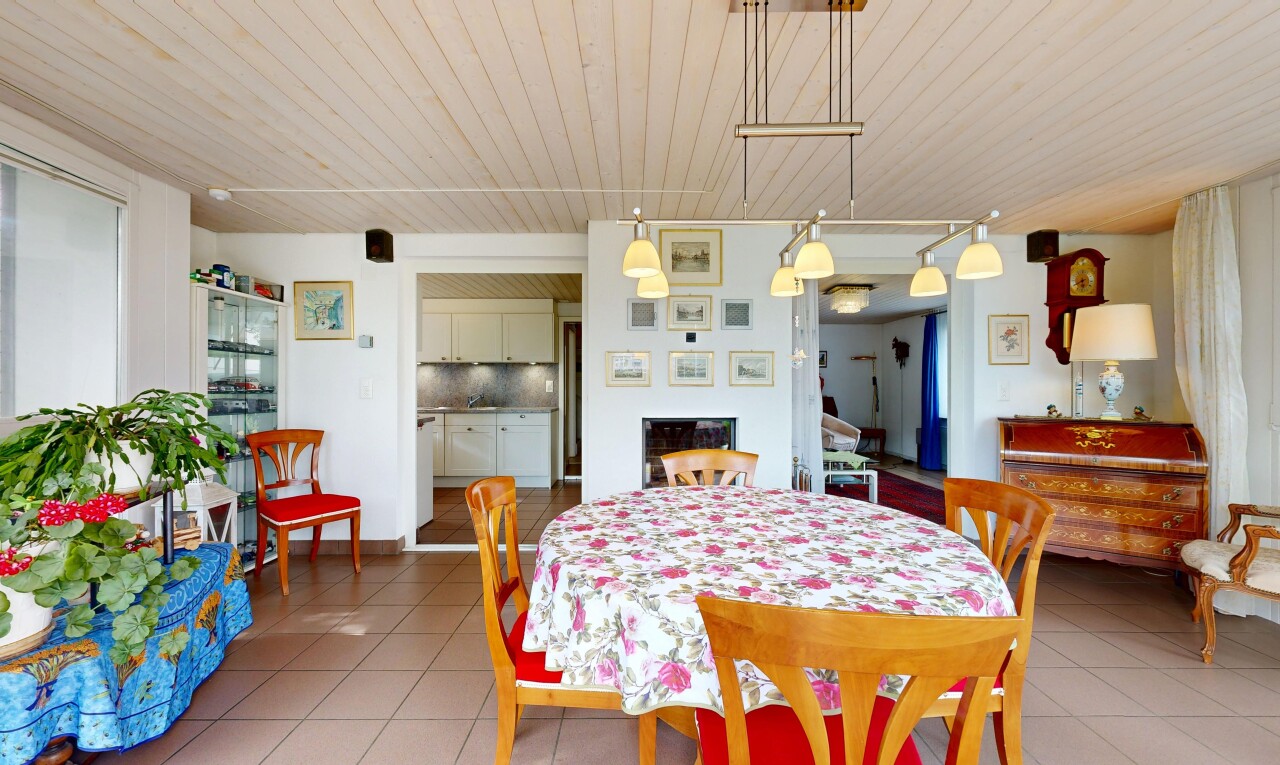 esszimmer mit küchenrückwand beim Herd, inside property, holzdecke, wood ceiling, und gipskartonwand