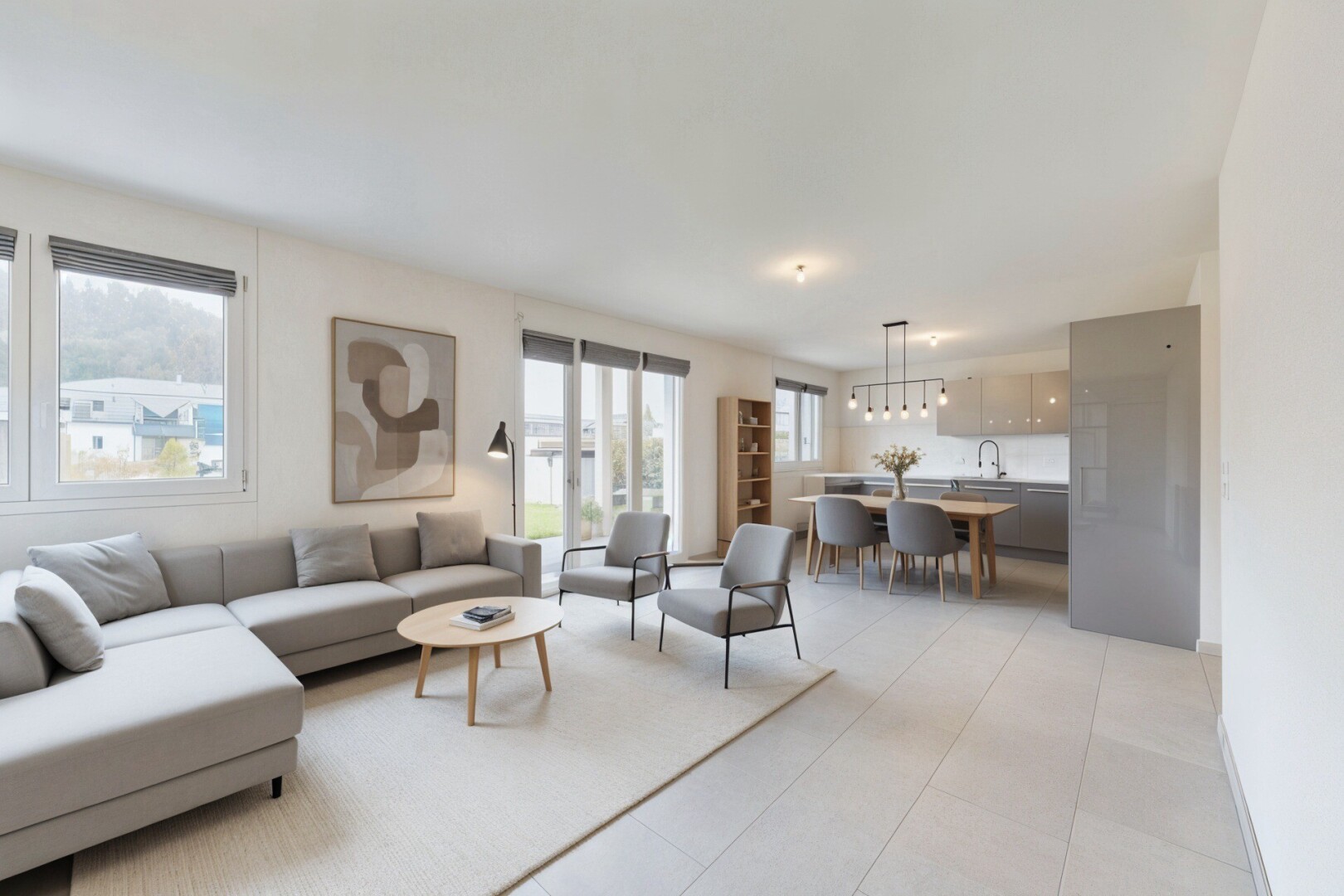 salon avec télévision, lumière naturelle, natural light, cloison sèche, et drywall