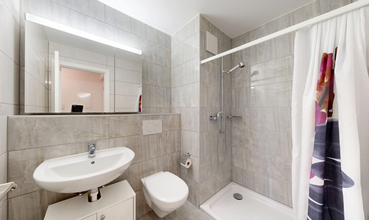 salle de bains avec mur en carrelage, tile wall, salle de bain complète, douche, et miroir