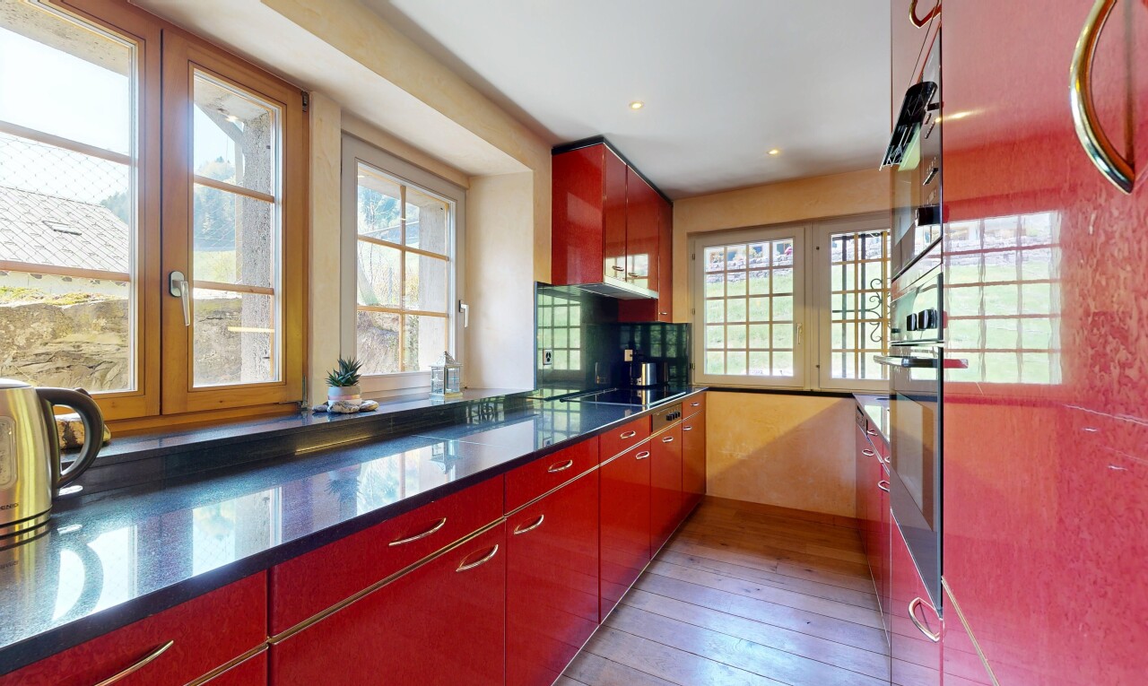 küche mit dark countertops, wood finish floor, holzfußboden, ofen, und stone countertops