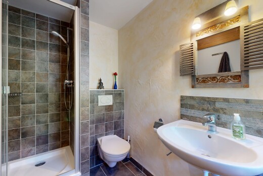salle de bains avec évier, douche, salle de bain complète, inside property, et miroir