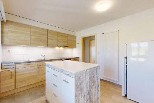 küche mit light brown cabinets, hellbraune schränke, kühlschrank, light countertops, und kitchen island