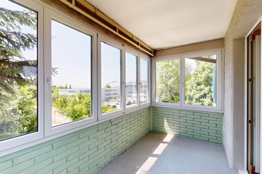 leerer raum mit wintergarten, natürliches licht, natural light, ziegelwand, und brick wall