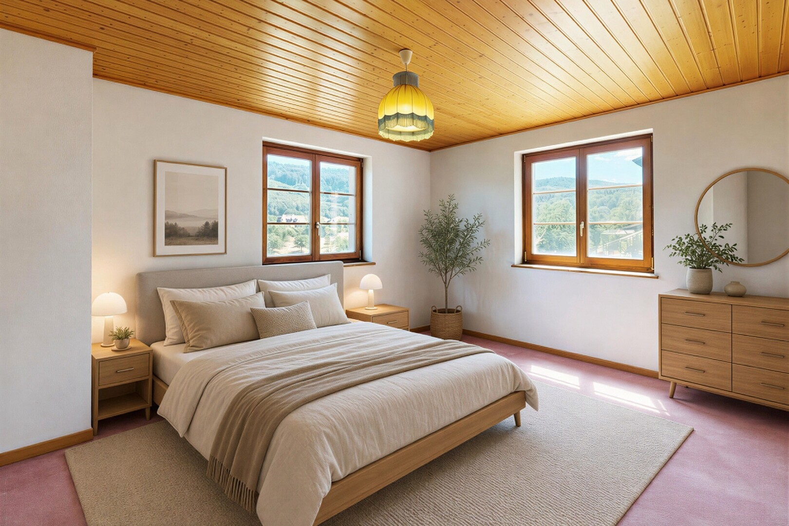 pièce vide avec plafond en bois, wood ceiling, moquette, carpet, et plinthes murales