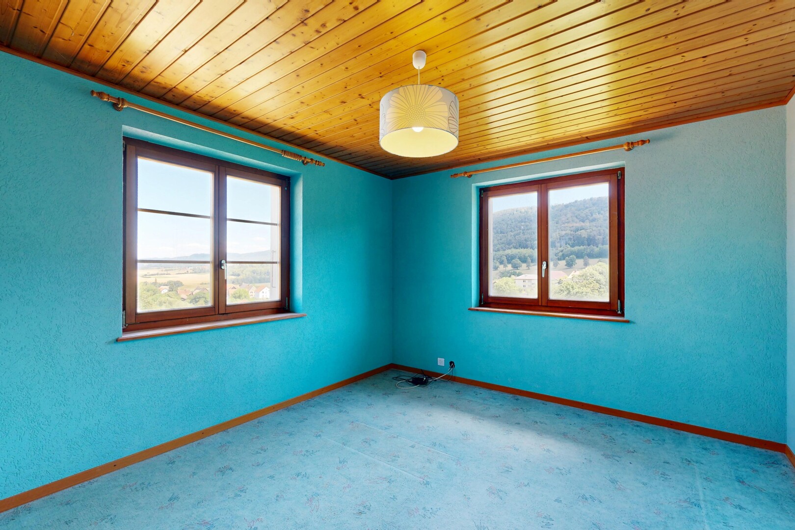 pièce vide avec plafond en bois, wood ceiling, inside property, moquette, et carpet