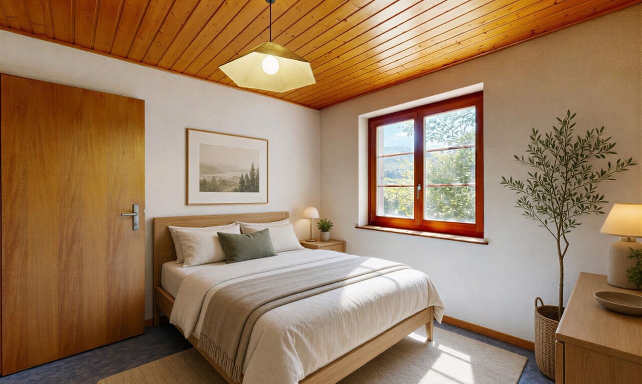 pièce vide avec plafond en bois, wood ceiling, lumière naturelle, natural light, et inside property