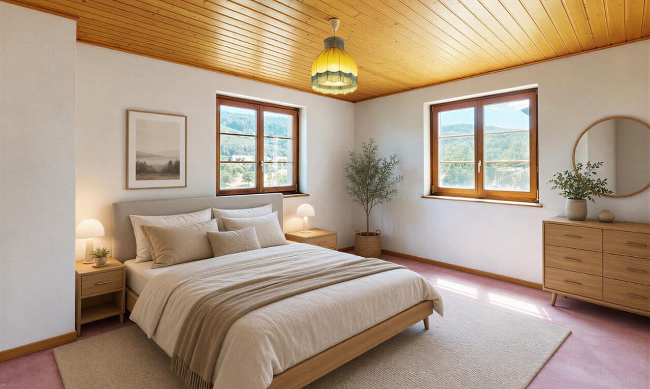 pièce vide avec plafond en bois, wood ceiling, moquette, carpet, et plinthes murales