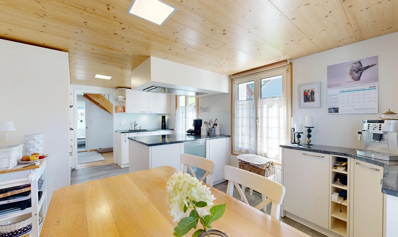 kitchen featuring dark countertops, wood ceiling, open shelves, white cabinetry, and access to outside