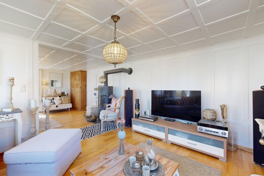 wohnzimmer mit wandvertäfelung, paneling wall, fernseher, holzfußboden, und wood finish floor