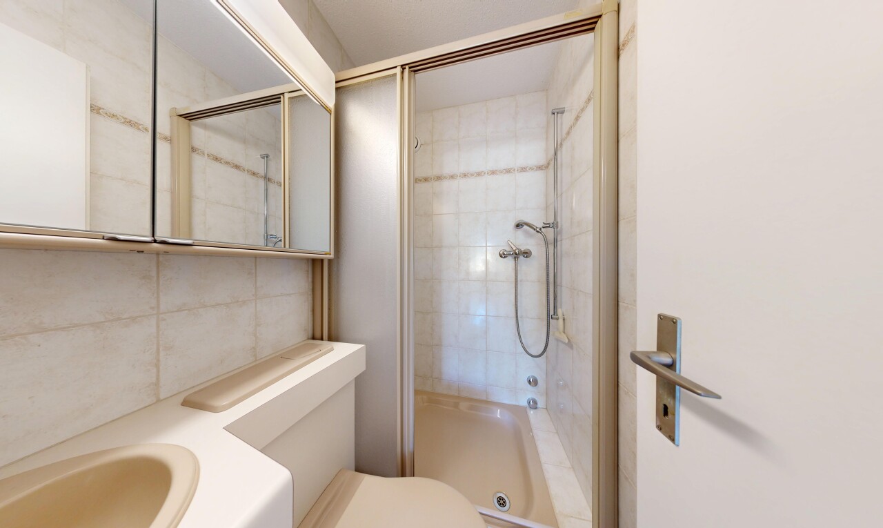 bad mit komplettes badezimmer, dusche, toilette, spiegel, und inside property