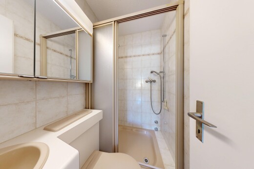 bad mit komplettes badezimmer, dusche, toilette, spiegel, und inside property