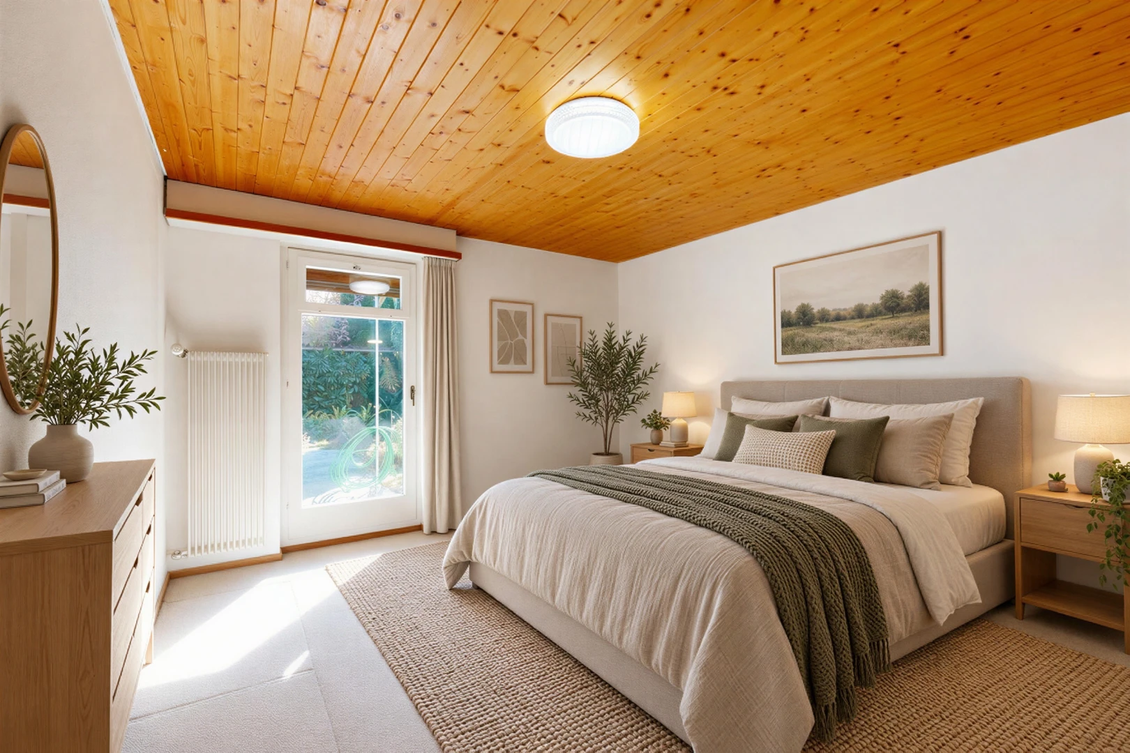 leerer raum mit holzdecke, wood ceiling, außenzugang, kühler, und teppich