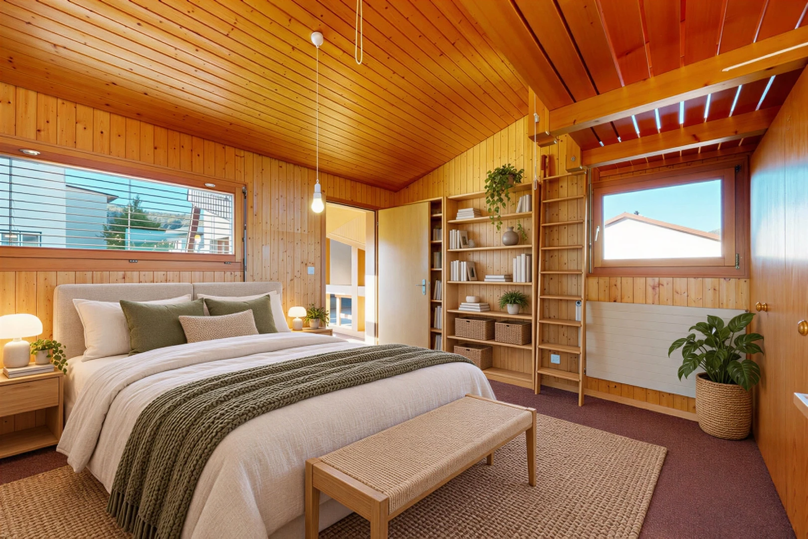 leerer raum mit dachschräge, vaulted ceiling, holzdecke, wood ceiling, und teppich